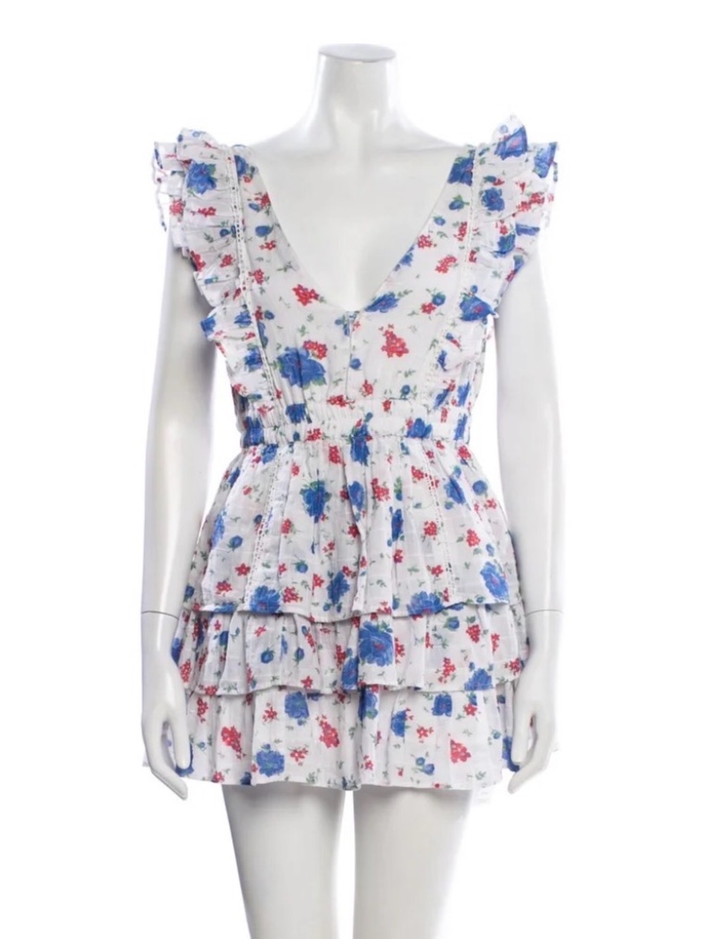 LoveShackFancy White Mini Dress with Blue & Red Floral Print